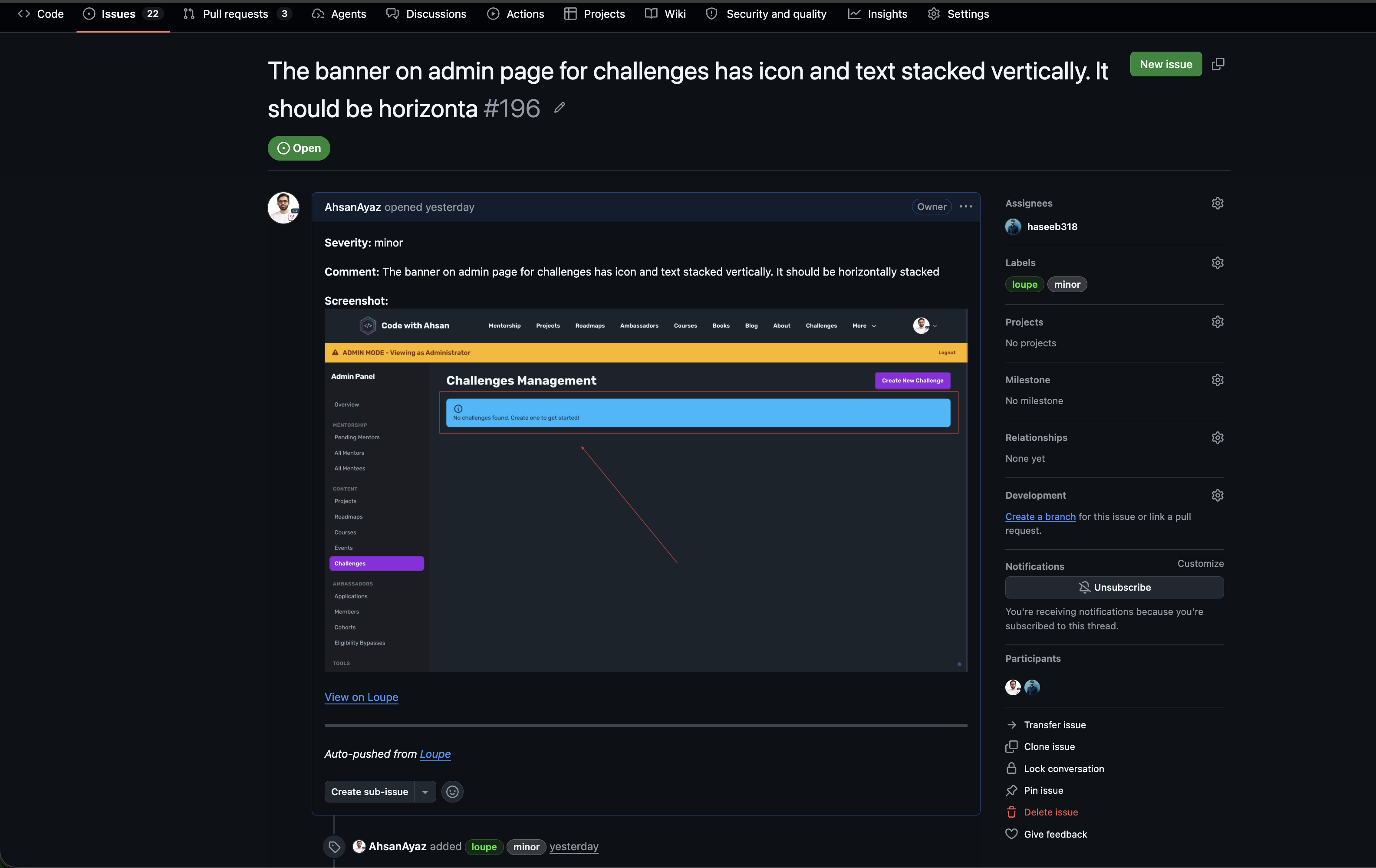 GitHub issue created from Loupe showing annotated screenshot, severity label, repro steps, and Pushed from Loupe attribution