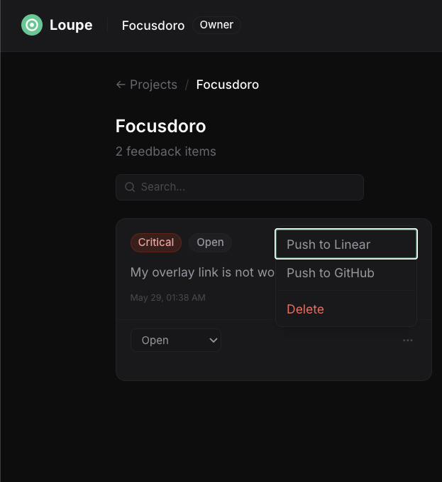 Loupe feedback item context menu showing Push to Linear option for one-click ticket creation
