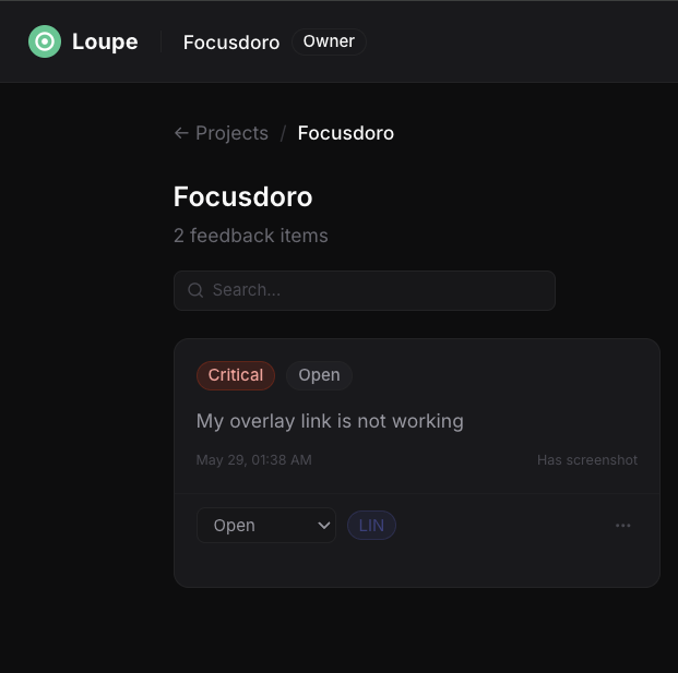 Loupe feedback item with purple LIN badge indicating it was pushed to Linear